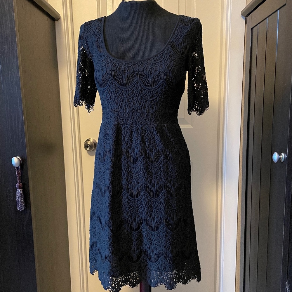 PINS AND NEEDLES Black Crochet Lace Cocktail Dress with Scalloped Lace Edges